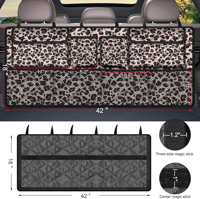 Femuar Car Trunk Organizer,Large Capacity Backseat Trunk Organizer(42"*18"),Collapsible Car Storage Bag with 8 Pocekt,Car Organizer for SUV/MPV/Truck - Leopard print - Image 3