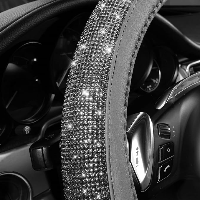 CAR PASS Bling Diamond Leather Steering Wheel Cover, with Bling Sparkly Crystal Glitter Rhinestones Universal Fit 14" 1/2-15" Car Wheel Protector for Women Girl Fit Suvs,Vans,Sedans,Cars,Trucks, Gray - Image 2