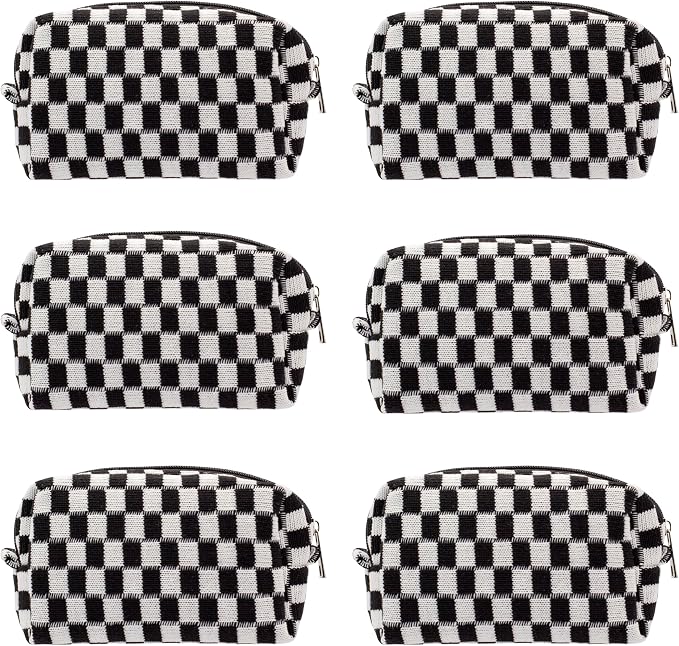 Checkered Makeup Bag for Purse, Small Travel Cosmetic Pouch,Black,6 Pack | Cute Zipper Makeup Organizer for Women, Travel Essentials, Toiletries, Makeup Brushes, Beauty Accessories&Bridesmaid Gifts by PAZIMIIK