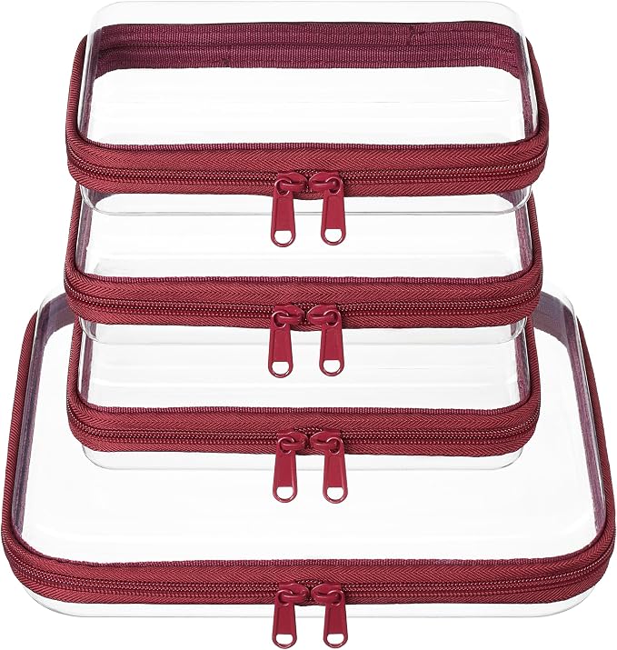 3-PCS Medium Clear Hard Shell Zipper Pouches, Clear Zipper Bags | Toiletry Bag for Travel, CLear Diaper Bag, Toiletry Pouch, Travel Organizer, Cosmetic Bag,Toy Storage Bins (M+3S) (Burgundy) by WELPIRT