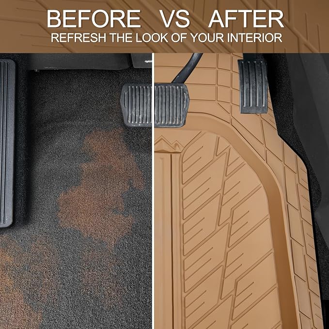 CAR PASS Tire Tread DeepDish Rubber Floor Mats for car Heavy Duty car mats All Weather, Universal XL~M Trim to Fit for Truck SUV Vehicle Automotive, Waterproof car mats 3 piece Solid Beige - Image 6