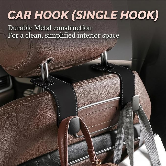 Car Headrest Hook,Premium Leather Back Seat Hanger for Purse & Bags | Solid 40lb metal core,360-degree silent rotation,space-saving hidden folding,durable dual support(2, Suede Black) - Image 7