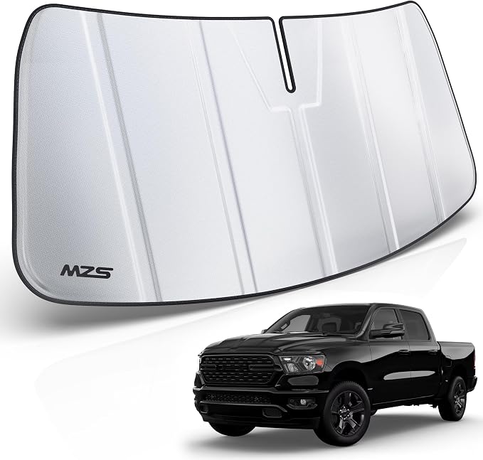 MZS Windshield Sun Shade Compatible with RAM 1500 2019-2026 | 6-Layer Heat Insulation, 99% UV Blocking, Keeps Interior Cool, Full Coverage Visor, Foldable Car Window Sunshade, Storage Bag by MZS