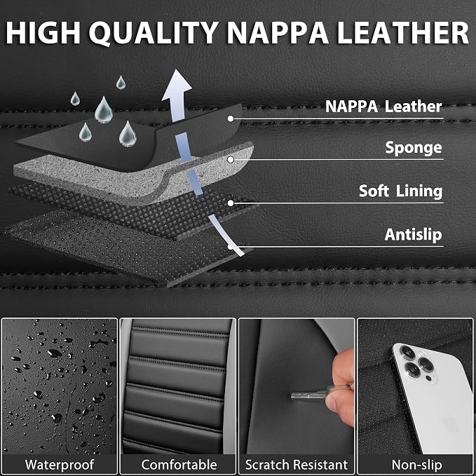 CAR PASS Nappa Leather Car Seat Covers Front Seats, Luxury Seat Protector for Cars, Waterproof Anti-Slip Seat Cushion Armrest Compatible Airbag Universal for SUV Pick-up Truck Automotive, Black Gray - Image 4