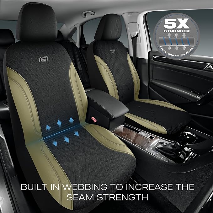 Skechers Car Seat Covers, Work Leather Seat Covers 5-Times Stronger Built-in Webbing,Oxford Fabric Seat Cover Full Sets, Airbag Compatible, Automotive Comfort for Cars,Trucks,SUVs,Beige - Image 2