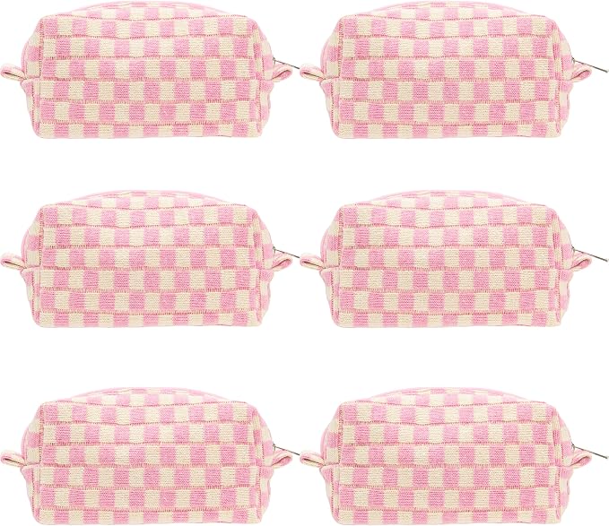 Checkered Makeup Bag for Purse, Small Cosmetic Pouch,Pink Beige,6 Pack | Cute Zipper Makeup Organizer for Women, Travel Essentials, Toiletries, Makeup Brushes, Beauty Accessories&Bridesmaid Gifts by PAZIMIIK
