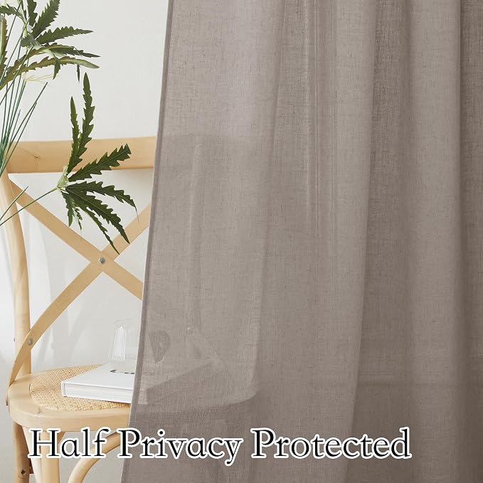 RYB HOME Privacy Sheer Curtains for Living Room, Linen Textured Semi Sheer for Bedroom Window Treatment Panels Light Glare Filtering, Birch Brown, Width 52 x Length 90 per Panel, 1 Pair - Image 5