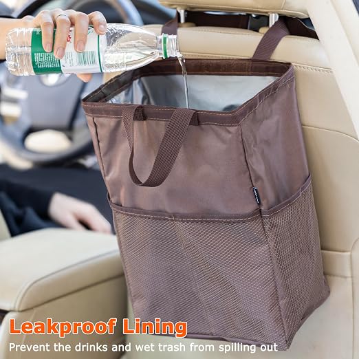 Ginsco New Leak-Proof Travel Car Trash Bag, 3.5 Gallons Large Capacity Hanging Car Trash Can with Hook and Loop Lid and Handle, Multipurpose Trash Bin with Storage Pockets for SUV RV Camping (Brown) - Image 2