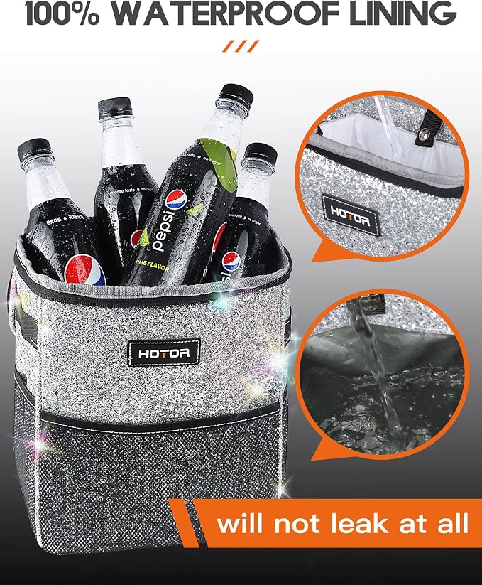 HOTOR Car Trash Can, Compact Waterproof Organizer, Leak-Proof Bin, 2-Gallon | Sparkle White, Multifunctional Car Accessory with Adjustable Straps & Magnetic Snaps for Interior Car Storage - Image 5