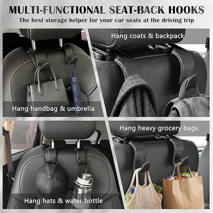 Car Seat Headrest Hook 55lb Heavy Duty Metal Hanger with Leather for Bags | Universal Fit car SUV Truck, Premium Microfiber Leather, Metal Core, Hang Purses Groceries Handbag Backpack, 2 Pack Black - Image 2