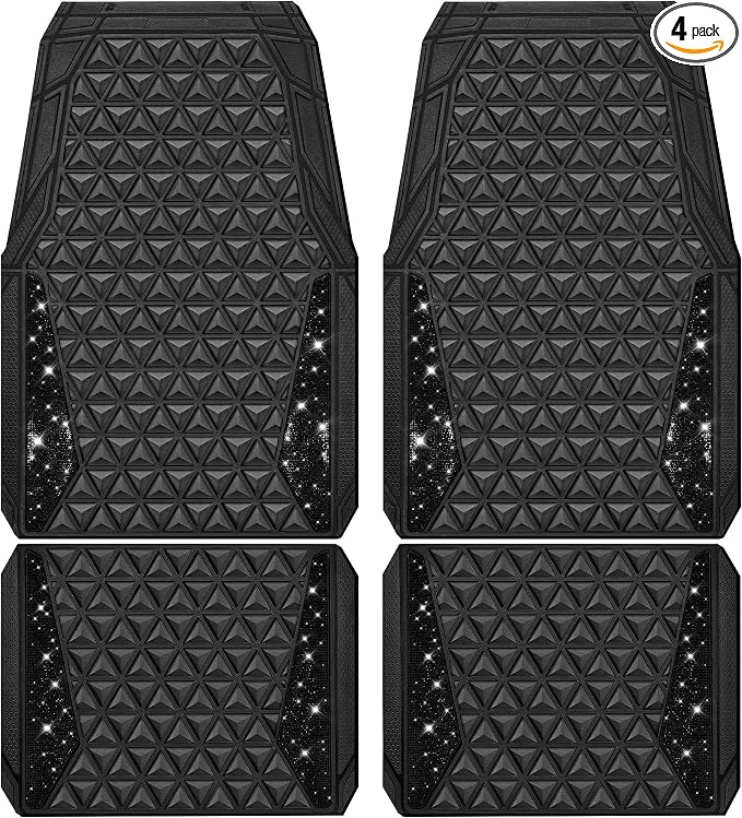 CAR PASS Bling Diamond Car Mats Rubber Floor Mats Full Set Anti-Slip 3D Rhombus Waterproof Trim to Fit Liner Universal Glitter Crystal Sparkly Shining Rhinestone Girl Women SUV Sedan, Black Diamond by CARPASS