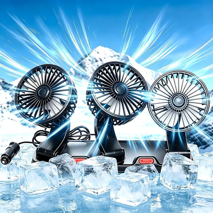 USB 3-Head Car Cooling Fan, 360° Rotation Dashboard Fan with 2 Speeds, Portable Air Cooler for SUV RV Truck Sedan Office Desk, 5V USB Powered for Power Bank Laptop by Unknown