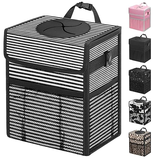 Capolo Car Trash Can with Lid, Leakproof Car Garbage Can Car Trash Bag | Waterproof, Trash Can for Car, 3 Mesh Pockets, Mini Hanging Vehicle Car Trash Bin, for Back/Front Seat (Stripe,2.5 Gal) by Capolo