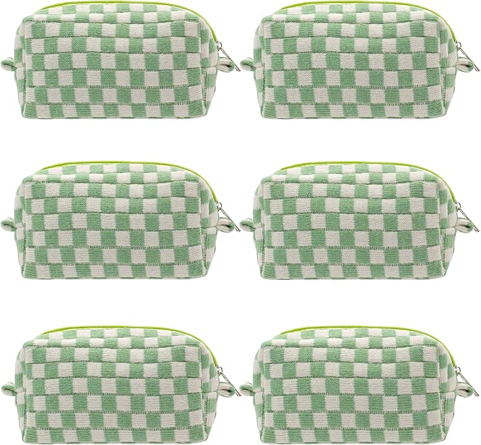 Checkered Makeup Bag for Purse, Small Cosmetic Pouch,Light Green,6 Pack | Cute Zipper Makeup Organizer for Women, Travel Essentials, Toiletries, Makeup Brushes, Beauty Accessories&Bridesmaid Gifts by PAZIMIIK