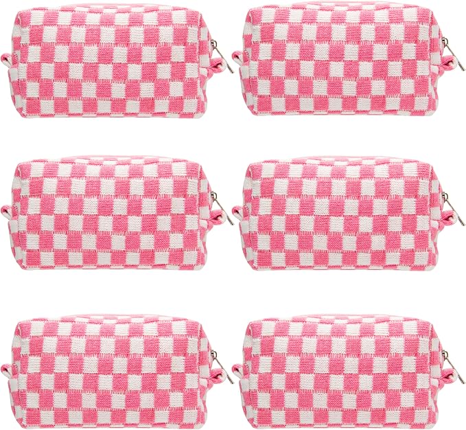 Checkered Makeup Bag for Purse, Small Travel Cosmetic Pouch,Pink,6 Pack | Cute Zipper Makeup Organizer for Women, Travel Essentials, Toiletries, Makeup Brushes, Beauty Accessories&Bridesmaid Gifts by PAZIMIIK