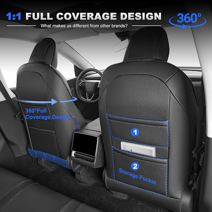 AOMSAZTO Seat Cover for Tesla Model Y 2020-2025 Not for Juniper/Performance | 4-Pieces Set with Seatbelt Cover,Steering Wheel Covers, Headrests,5 Seats Faux Leather Waterproof,Airbag Compatible-Black - Image 6