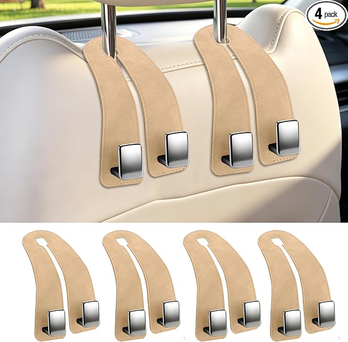 Amooca Car Headrest Hooks 4-Pack Suede Seat Organizer with Metal Core | Universal Fit, Double-hook Design, Backseat Storage for Backpack Umbrella Water Bottle Coat Purses Handbags Groceries, Beige by Amooca