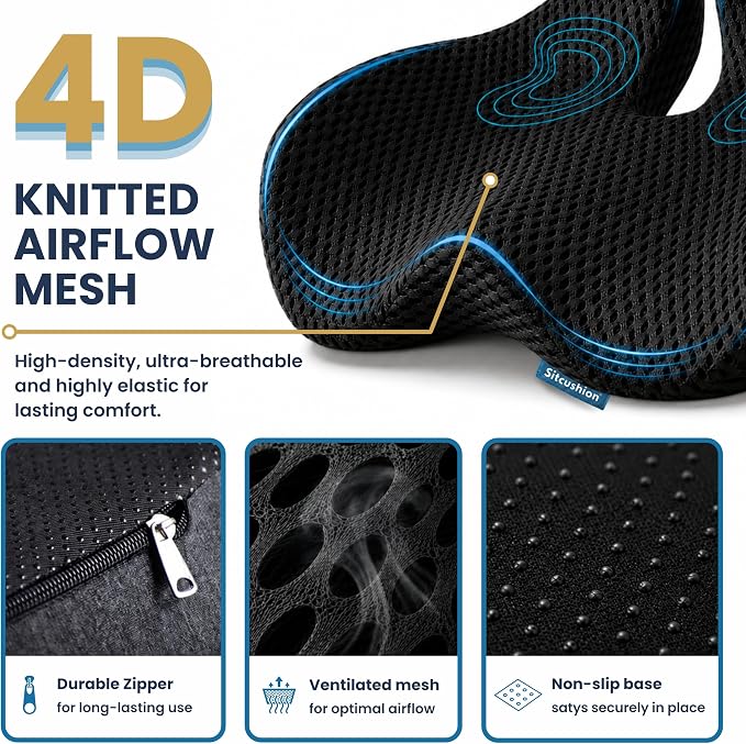 Car Seat Cushion for Driving, Coccyx Cushion for Car (Breathable 4D Cover) | Extra Large Seat Cushion for Car adds Premium Support, Sciatica Pain Relief Cushion With Breathable 4D Mesh Cover (Black) - Image 4