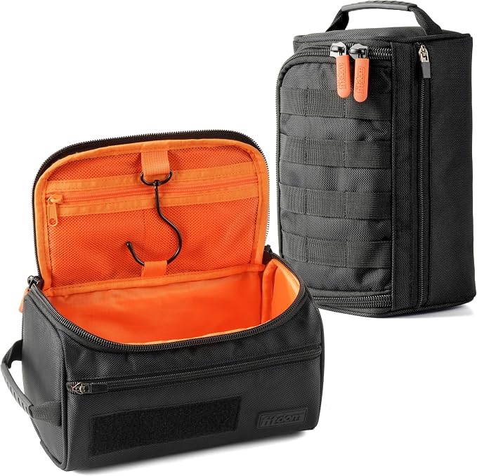Fitdom Tactical Hanging Toiletry Bag for Men, Travel Dopp Kit Organizer | Water Resistant 1680D Fabric with MOLLE Webbing, Hanging Hook & 4 Compartments for Shaving, Grooming, Gym & Camping Gear by Fitdom