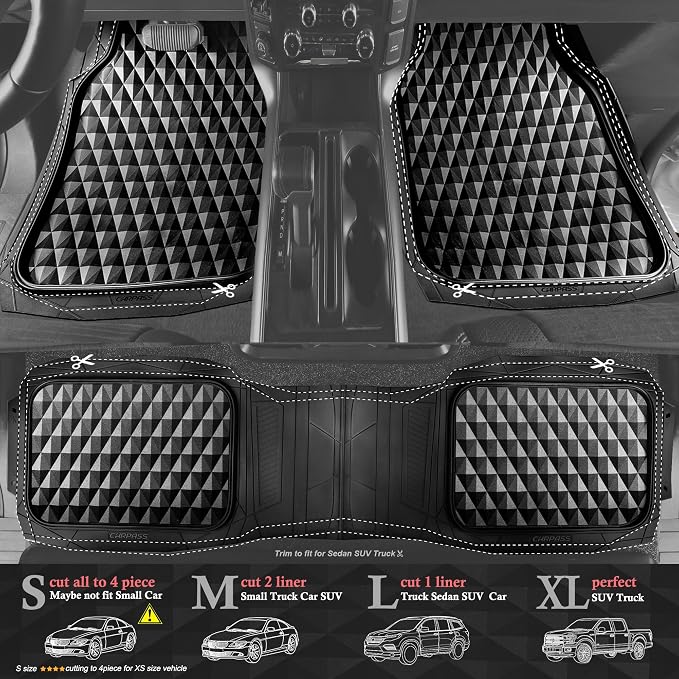 CAR PASS Heavy Duty Rubber Car Mats, Deep Dish All-Weather Floor Mat for Car Full Set Durable Anti-Slip 3D Rhombus Waterproof Trim to Fit Liner Universal Fit Automotive,Sedan,SUV,Truck, 3 Piece Black - Image 2