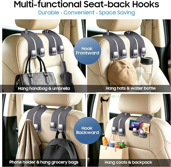 Amooca Car Headrest Hooks 2-Pack Suede Seat Organizer with Metal Core | Universal Fit, Double-hook Design, Backseat Storage for Backpack Umbrella Water Bottle Coat Purses Handbags Groceries, Gray - Image 2