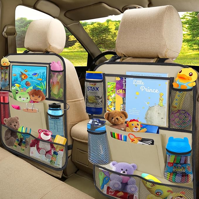 Backseat Car Organizer w/ 10 Storage Pockets 11" Tablet Holder, 2 PCS Beige | Car Organizers and Storage Kick Mats Back Seat Protector w/ Touch Screen Tablet Holder for Kids Toddlers, Travel Accessories - Image 4