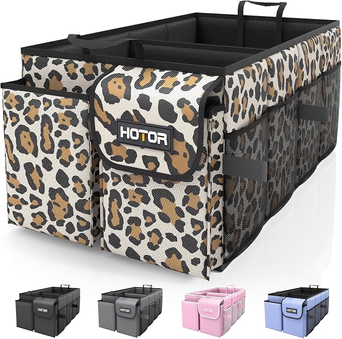 HOTOR Trunk Organizer - Foldable Car Organizer for SUVs & Sedans Storage | Sturdy Car Organization for Men & Women, Car Accessories, Tools, Sundries, Leopard, 2 Compartments, 21.3" x 12.6" x 10.6" by HOTOR