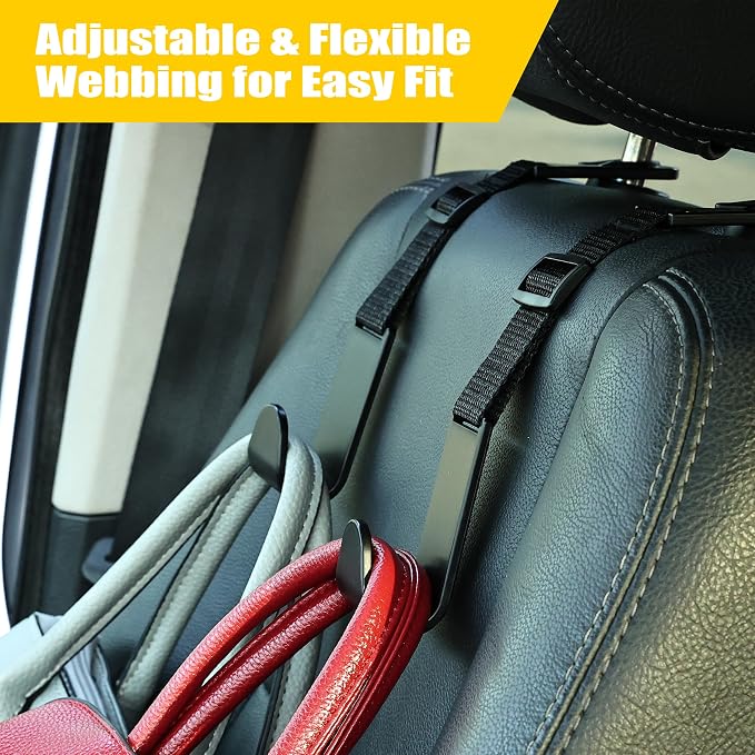 4-Pack Car Headrest Hooks, 40lb Load, Adjustable Car Hooks | Fits most headrest bars, Holds backpacks, umbrellas, water bottles, coats, purses, handbags, groceries, Black - Image 3