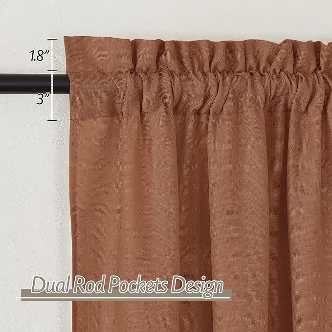 RYB HOME Linen Sheer Curtains 2 Panels for Living Room, Semi Transparent Privacy Drapes with Rod Pocket Farmhouse Style Window Treatments for Bedroom, Brunt Orange, 52" W x 90" L - Image 2