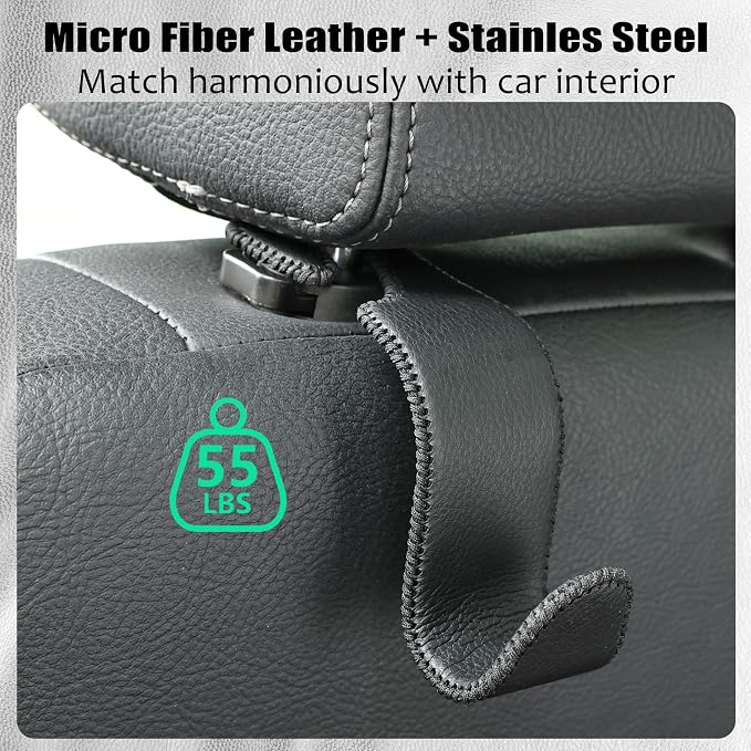 Car Seat Headrest Hook 55lb Heavy Duty Metal Hanger with Leather for Bags | Universal Fit car SUV Truck, Premium Microfiber Leather, Metal Core, Hang Purses Groceries Handbag Backpack, 2 Pack Black - Image 5