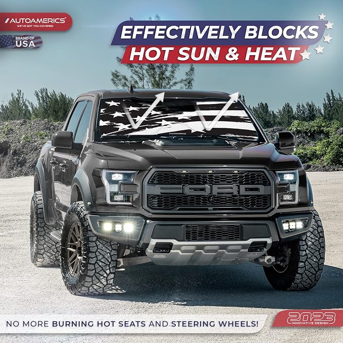 Autoamerics 1-Piece Windshield Sun Shade B&W Art American Flag USA Design - Foldable Car Front Window Sunshade for Most Sedans SUV Truck - Blocks Max UV Rays and Keeps Your Vehicle Cool - Large - Image 3