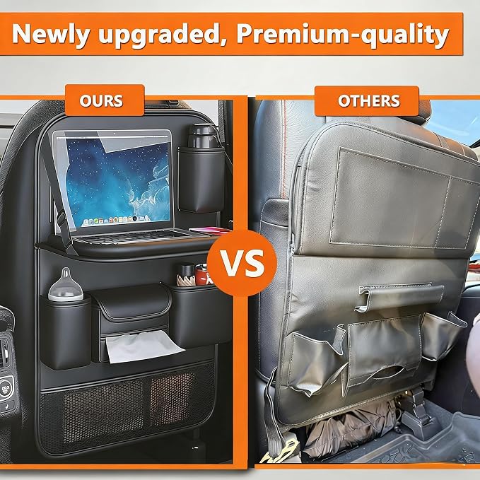 Foldable Car Backseat Organizer with Table Tray, Car Seat Back Protector with Touch Screen Phone Holder, Premium Leather Kick Mats with Storage Pockets Tissue Holder (Black) - Image 7