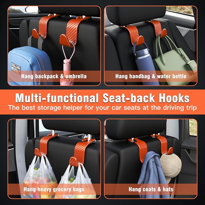 4-Pack Car Headrest Hooks Holds 55lbs Seat Storage Organizer for Bags | Durable ABS Material, 360° Rotating, Car Hanger for Backpack Umbrella Water Bottle Coat Handbags Groceries, Checkered Orange - Image 5