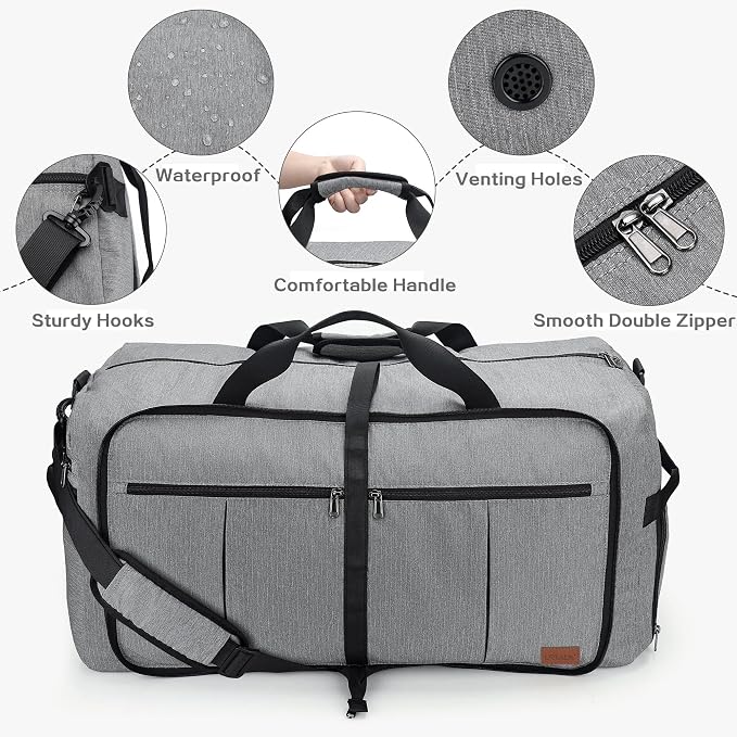 80L EXTRA LARGE Foldable Waterproof Travel Duffle Bag for Men and Women | with Shoe Compartment, Gray, 26" Duffel Bags for Weekender Gym Sport, Tear Resistant - Image 4