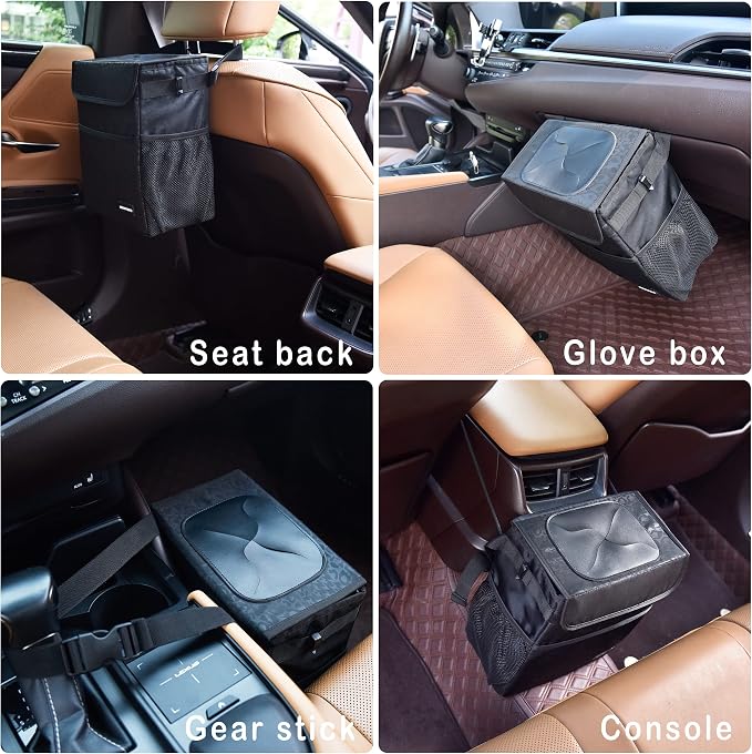 SIBOFUEGO Cute Car Trash Can with Lid – Multipurpose Collapsible Trash Bin for Car, Leak-Proof Organizer, Waterproof Garbage Can with Storage Pockets & Adjustable Straps, 2 Gallons (Black Leopard) - Image 6