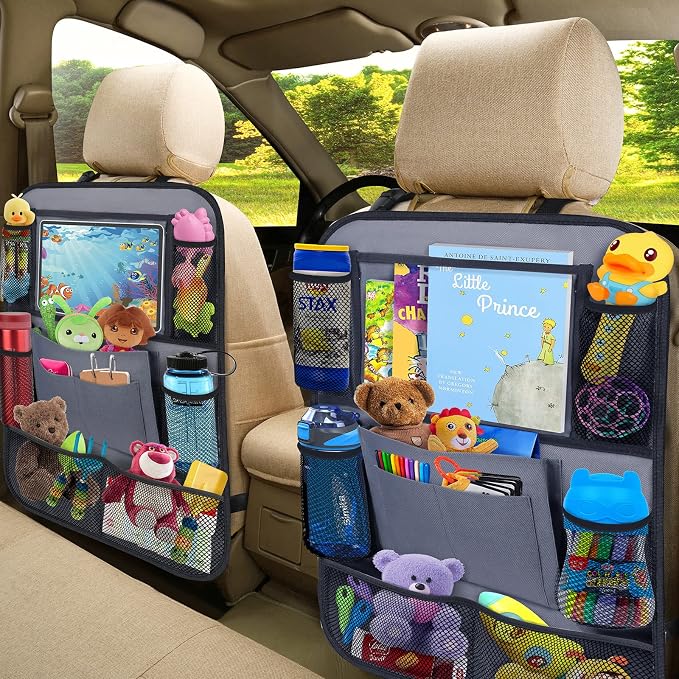 Backseat Car Organizer w/ 10 Storage Pockets 11" Tablet Holder, 2 PCS Gray | Car Organizers and Storage Kick Mats Back Seat Protector w/ Touch Screen Tablet Holder for Kids Toddlers, Travel Accessories - Image 4