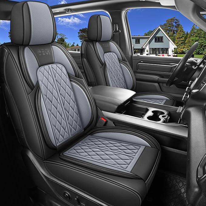 Car Seat Cover Custom Fit for Dodge Ram 1500 2500 3500 2002-2026 Faux Leather Seat Cover Set Compatible with Crew Quad Regular Cab Pickup Truck Cushions (Black & Grey, Front Seat) by DuDuWang