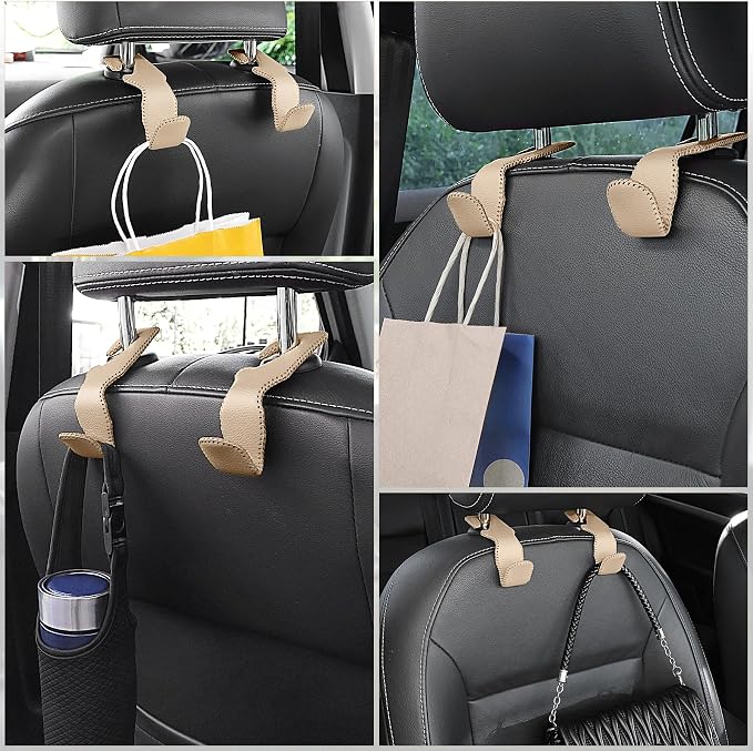 LivTee Beige Superior Leather Car Seat Back Headrest Hook, Auto Seat Hook Hangers Interior Accessories for Purse Coats Umbrellas Grocery Bags Handbag, 2-Pack - Image 6