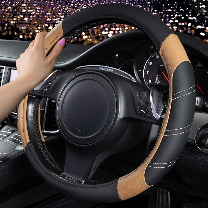 CAR PASS Line Rider Microfiber Leather Sporty 14.5-15 inch Steering Wheel Cover Universal Fits for 95% Truck,SUV,Cars, Anti-Slip Safety Comfortable Design (Black Beige) - Image 3