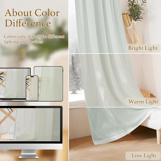 RYB HOME Privacy Semi Sheer Linen Curtains Extra Wide Curtains 108" Length, Rod Pocket Linen Blend Elegant Light Filtering Privacy Protected Panels for Farmhouse/Living Room, Sage, 52" W, 2 Panels - Image 7