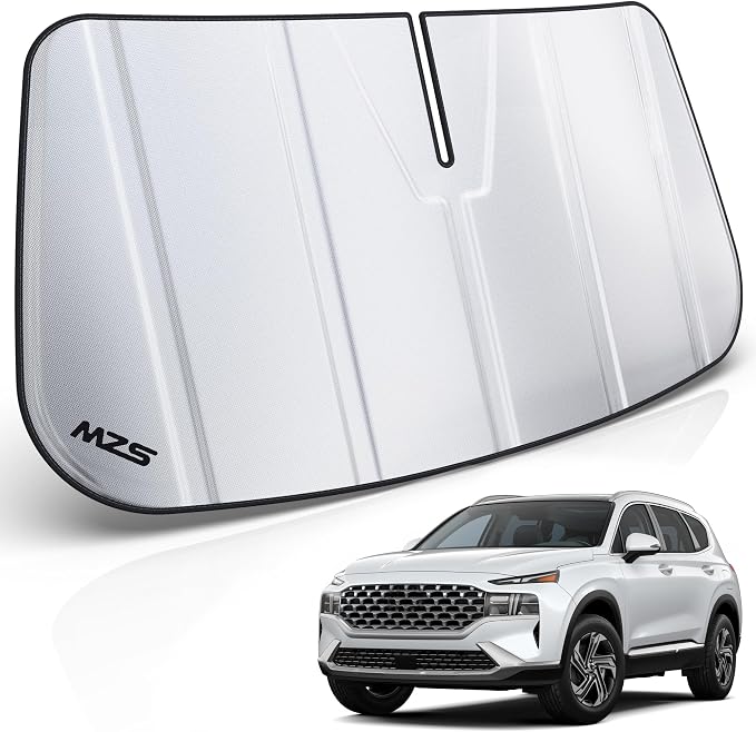 MZS Windshield Sun Shade Compatible with Santa Fe 2019-2023 | 6-Layer Heat Insulation, 99% UV Blocking, Keeps Interior Cool, Full Coverage Visor, Foldable Car Window Sunshade, Storage Bag by MZS