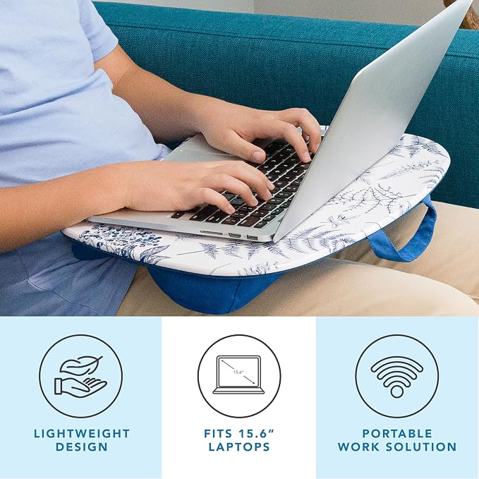 LAPGEAR MyStyle Lap Desk – Blue Garden, Fits 15.6” Laptops | Dual-Bolster Microbead Cushion, Built-In Carry Handle, Ergonomic Curved Front Edge - Image 2