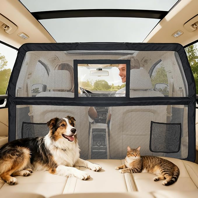 50" Pet Dog Car Barrier with Removable Visual Window, Pet Barrier for Car Escape-Proof, Back Seat Divider & Cargo Area Gate, Durable Dog Net for Car, Ideal for Trucks, SUV & Mid-Sized Vehicle by Unknown