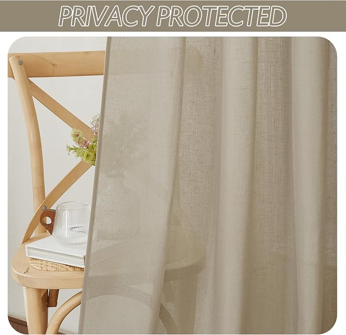 RYB HOME Linen Sheer Curtains 2 Panels for Living Room, Semi Transparent Privacy Drapes with Rod Pocket Farmhouse Style Window Treatments for Bedroom, Taupe, 38" W x 84" L - Image 3