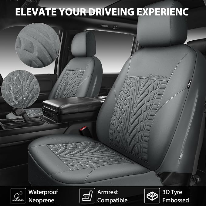 CAR PASS Neoprene Waterproof Seat Covers Full Sets, Wetsuit Car Seat Covers 5 Seats Universal Fit for Vans, Truck, SUV, 3D Tyre Embossed Seat Covers Anti Slip with Armrests, Aibag Compatible(All Gray) - Image 5