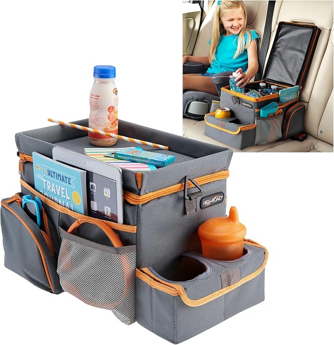 High Road CarHop Car Caddy Organizer with Tray, Trip Cooler and Cup Holder | Middle Seat Organizer for Kids Toys and Snacks in the Backseat and Passenger Seat Car Snack Organizer for Drivers by HighRoad
