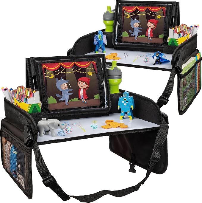 Lusso Gear Kids Lap Desk Tray (Value 2 Pack) - Mesh Pockets & Cup Holder for Car Travel Essentials - Car Seat Tray for Kids Travel & Tablet Holder - Dry-Erase Surface for Road Trip Activities - Black by LussoGear