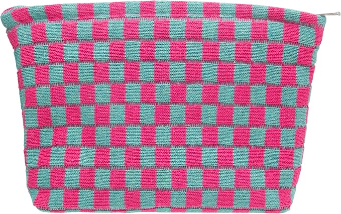Checkered Makeup Bag for Purse, Small Flat Cosmetic Pouch,Magenta Green | Cute Zipper Makeup Organizer for Women, Travel Essentials, Toiletries, Makeup Brushes, Beauty Accessories&Bridesmaid Gifts by PAZIMIIK