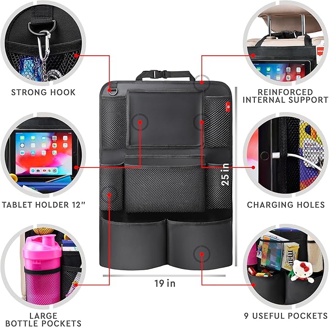 Helteko Backseat Car Organizer, Kick Mats Back Seat Protector with Touch Screen Tablet Holder, Back Seat Organizer for Kids, Travel Accessories with 9 Storage Pockets 2 Pack, Black - Image 6
