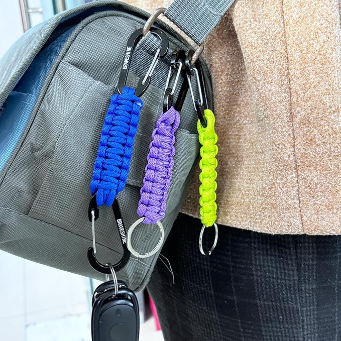 BRAVESHINE Paracord Keychain Carabiner Clip | D Ring Hanger Lanyard Hook | 7.3inch Long | for Stroller, Water Bottle, Key, Backpacks, Men, Women, Luggage, Car Seat Headrest, Fence, Bag Charms - Image 3